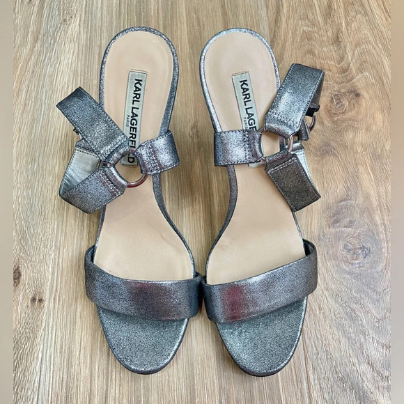 Karl Lagerfield Paris Ankle Strap Sandals Heels Size 10 Silver EUC - Picture 1 of 5
